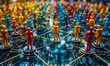 Colorful figurines connected by lines on a network grid illustrating concepts of social networking, community, connectivity, and teamwork in a digital era