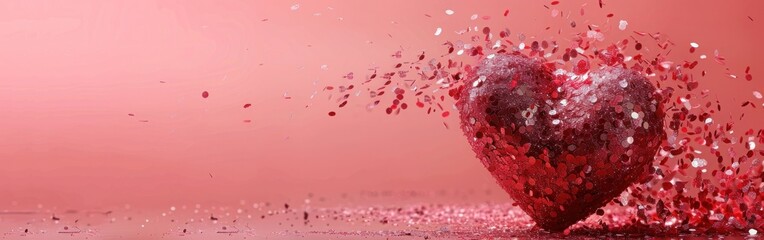 Canvas Print - Dissolving Glitter Heart on Pink Background: A Concept of Broken Love Emergence in Living Coral Theme - Valentine's Day