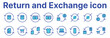 This set of linear icons presents various aspects of finance and the exchange of goods or currency. A round arrow indicates an exchange or return.