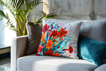 Canvas Print - A pillow with a flowery design sits on a couch