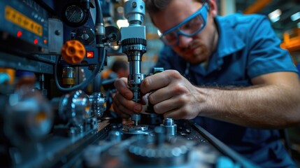 Wall Mural - Mechanical Engineer Inspecting Machine Parts. Engineer working with machine Maintenance machine, mechanical engineering portrait working teamwork. Generative AI