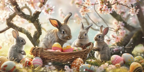 Wall Mural - Three Audubons Cottontail rabbits are standing next to a basket of Easter eggs in a field of grass and flowers AIG42E