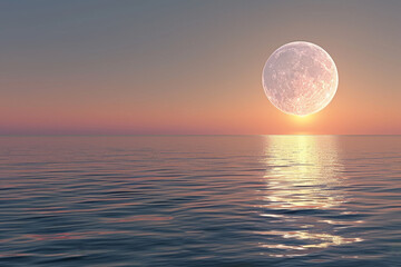 Wall Mural - A large moon is floating above a calm ocean