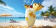 A glass of a tropical drink with a pineapple on top. The drink is served on a beach with a chair and umbrella nearby
