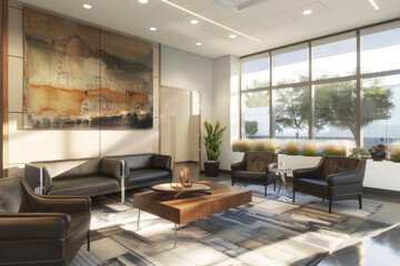 Wall Mural - A living room with a large painting on the wall and a coffee table in the middle