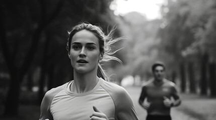 Wall Mural - A woman and a man are running in a park. The woman is wearing a white shirt and the man is wearing a black shirt. Scene is energetic and active