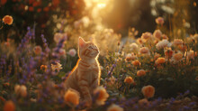 A Red-haired Cat In The Rose Bushes At Sunset. Garden Roses And A Red Kitten At Sunset. A Postcard With A Kitten And Roses