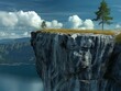 A rocky cliff overlooks a body of water. The sky is cloudy, and the trees are bare