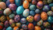 A stack of vibrant Easter eggs made with natural food dyes and displayed in a colorful pattern. The eggs are sitting on a base of soft wool, creating a festive and artistic display AIG42E