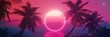 Palm tree silhouettes with neon sunset background. Retrowave, synthwave, vaporwave aesthetics. Retro style, webpunk, retrofuturism. Illustration for design, print, poster. Summer vacation concept.