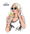 Beautiful blond hair woman in sunglasses with glass of wine. Stylish woman drinking. Vector illustration