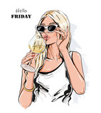 Fototapeta Miasta - Beautiful blond hair woman in sunglasses with glass of wine. Stylish woman drinking. Vector illustration