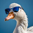 portrait of a white goose in sunglasses on a blue background