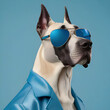 a white Great Dane in blue glasses and a leather jacket