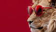 portrait of a lion in sunglasses on a red background, a copy of the space