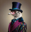 an ostrich in a top hat and silk tuxedo