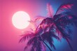 Palm trees against a neon sunset. Retrowave, synthwave, vaporwave aesthetics. Retro style, webpunk, retrofuturism. Illustration for design, print, poster. Summer vacation concept.