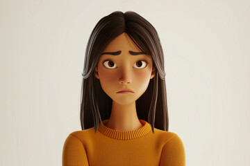 Wall Mural - Sad stressed upset disappointed Asian cartoon character young woman female girl person wearing orange sweater in 3d style design on light background. Human people feelings expression concept