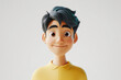 Smiling Asian cartoon character young man male person wearing yellow shirt in 3d style design on light background. Human people feelings expression concept