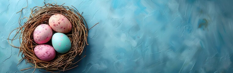 Wall Mural - Easter Greeting Card: Pastel Painted Eggs in Bird Nest on Blue Table Background - Top View Flat Lay with Copy Space