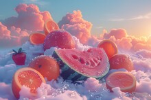   A Collection Of Watermelon Slices Atop A Mound Of Foam, Alongside A Strawberry And An Orange