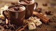   Two mugs of hot chocolate on a wooden table, each topped with a hint of cinnamon and a star anise