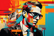 A stylized portrait of a young man with glasses colorful collage of vibrant abstract blend of colors and shapes in the background. Contemporary modern trendy stylish pop art drawing in bold hues