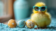   A Small Yellow Chicken, Donning Sunglasses, Stands Next To Three Eggs On A Blue Carpet Behind The Scene, A Blue Vase Rests In The Background