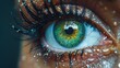   A tight shot of an eye, adorned with water droplets on its iris
