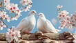 A pair of white doves sits on a roof tile surrounded by cherry blossoms against a clear blue sky. The emphasis is on the face.