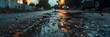 The gritty atmosphere of a street after the rain, with captivating reflections and ambient lights