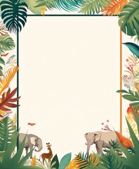Wall Mural - Cute cartoon jungle animals and plants frame, green orange yellow, illustration, art deco, interior, pop art