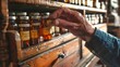 Homeopathic doctor selecting a remedy from an antique wooden cabinet among bottles of homeopathic medicine. Concept of age-old healing traditions, homeopathy, classical medicine cabinets.