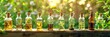 Essential oils in glass bottles with natural herbs, in sunlight. Herbal tinctures and extracts on wooden surface. Concept of natural aromatherapy, herbal medicine, health care. Banner. Copy space