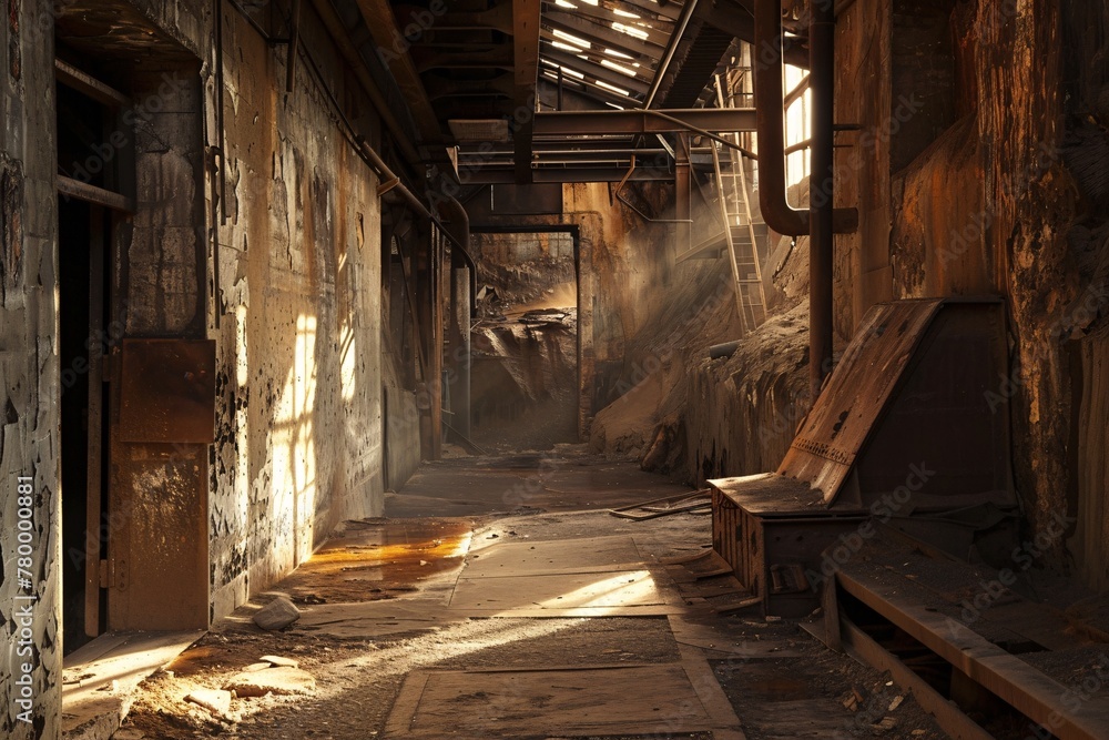 Light from the sun enters an old, derelict building through cracked ...