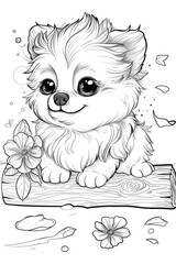 Poster - A small dog sitting on a log with flowers