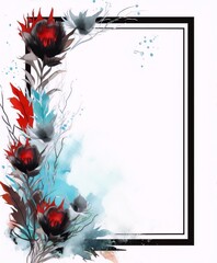 Wall Mural - Black frame with watercolor red and blue thistle flowers and leaves on a white background