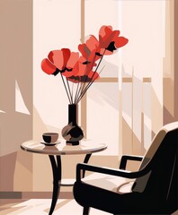 Wall Mural - Red flowers in vase on table with cup and black chair in background, interior, art deco