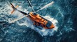 Vue aérienne d'un hélicoptère orange au-dessus de l'océan, avec une équipe de secours pendant un sauvetage en mer.