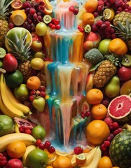 A vivid and colorful arrangement of various fruits creating a visual waterfall effect, symbolizing an abundance of natural sweetness and vitality.