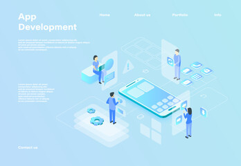 Canvas Print - Color Application Development Concept 3D Isometric View People Create User Interface Mobile Phone. Vector illustration of App Development