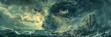 Fototapeta  - Design a piece of digital art featuring a single, powerful eye of Zeus amidst the ruins of his statue, with a storm raging in the reflection of the eye