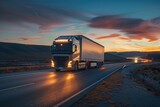Fototapeta  - Take a photo at dusk of a semi-truck with advanced safety lighting speeding along a motorway, showcasing how technology improves visibility and safety in freight transport