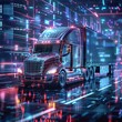Capture a futuristic scene of a semi-truck receiving remote diagnostics and updates from a logistics control center while en route, showcasing the interconnectedness of modern transport technology