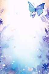 Poster - Delicate blue and purple flowers and butterflies on a white background in a watercolor style.