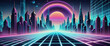 Synthwave city, neon light lines, futuristic cyberpunk cityscape, retro wave music background. Design for cover or poster.