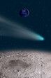 Comet on the space view from moon planet earth in the background 