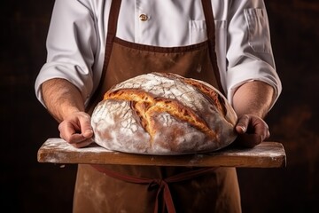 Wall Mural - Experienced baker holding dark warm bread bakery fresh homemade wheat cake professional man kitchen work rustic business cafe coffee shop store owner tasty baked goods flour grain secret ingredient