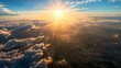 A breathtaking aerial view captured from a plane flying high above the earth, with majestic clouds swirling below and the sun casting golden rays across the horizon