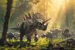 A herd of dinosaurs, including T-Rex, Triceratops, and Velociraptors, roam through a dense forest in search of food and safety